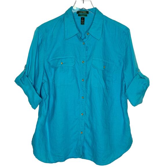 Ralph Lauren 1X Womens Exclusive Capri Blue Linen Button Front Shirt Resort - Picture 1 of 8